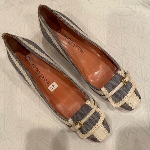 Italian crafted kitten heel- blue and white herringbone, leather trims & buckles